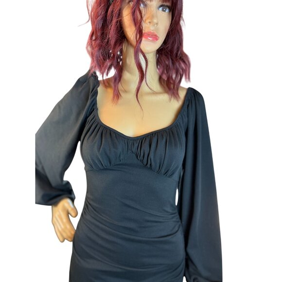 (6 for $25) Lantern Sleeve Ruched Mini Dress in Black Size Small - Picture 4 of 11
